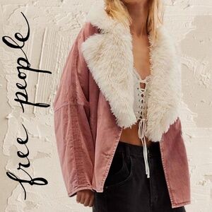 Free People Dusty Rose Utility Jacket with Cream Faux Fur Collar